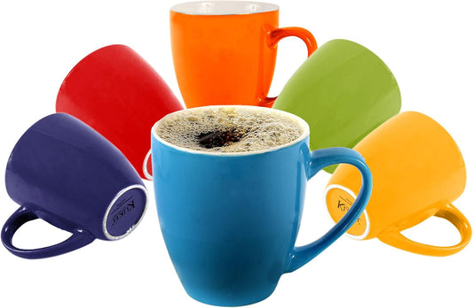 6 Colored Coffee Mugs Set - 16Oz Flat Bottom Stoneware - Bright Multi Colored