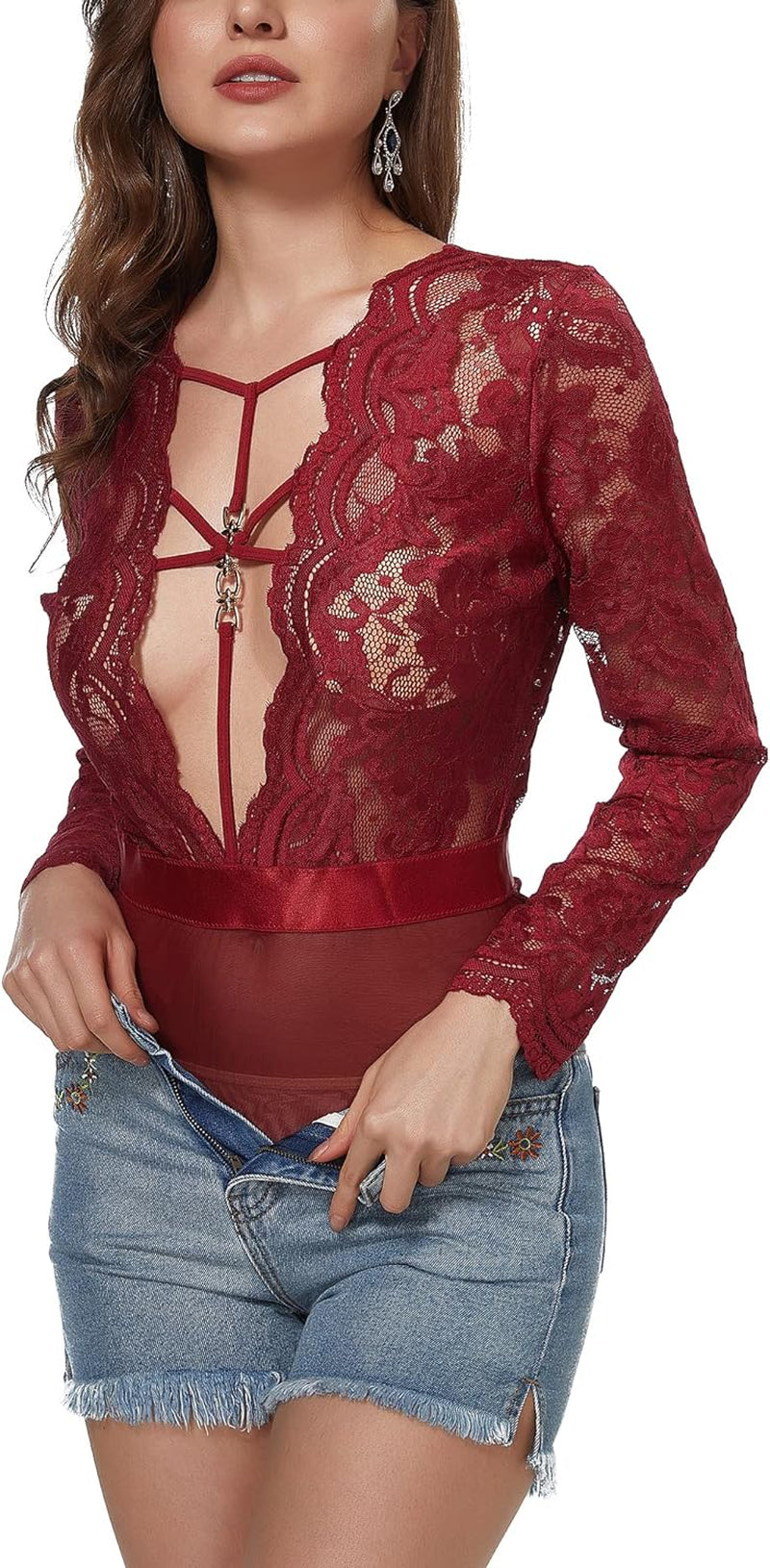 Women Lace Bodysuit Sexy Snap Crotch Long Sleeve Deep V Teddy Lingerie Tops