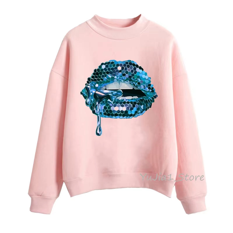 Pink Glitter Lips Graphic Print Sweatshirt Women’S Clothing Luxurious Makeup Sexy Hoodies Femme Aesthetic Clothes Winter Tracksu