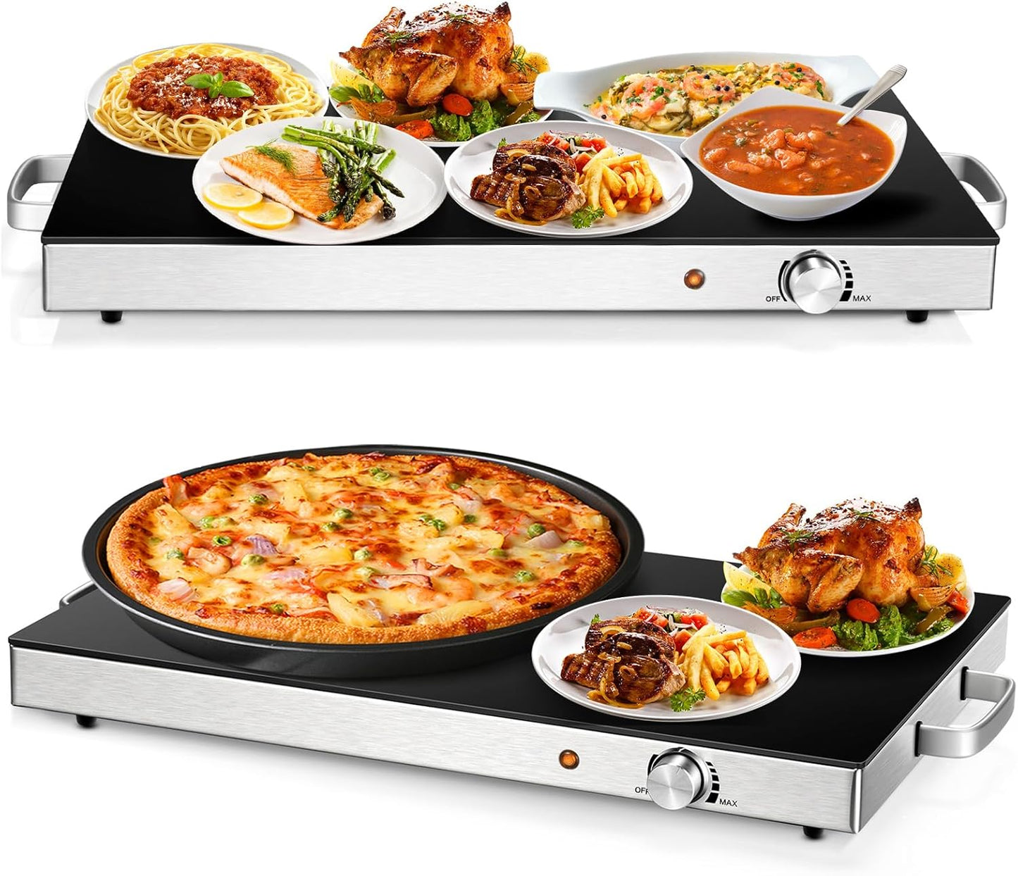 Electric Food Warmer 2 Packs, 22''X15'' Food Warmers for Parties, Adjustable Temperature Control, Tempered Glass Surface, Hot Plate for Buffet, Electric Warming Tray for Restaurants, Events