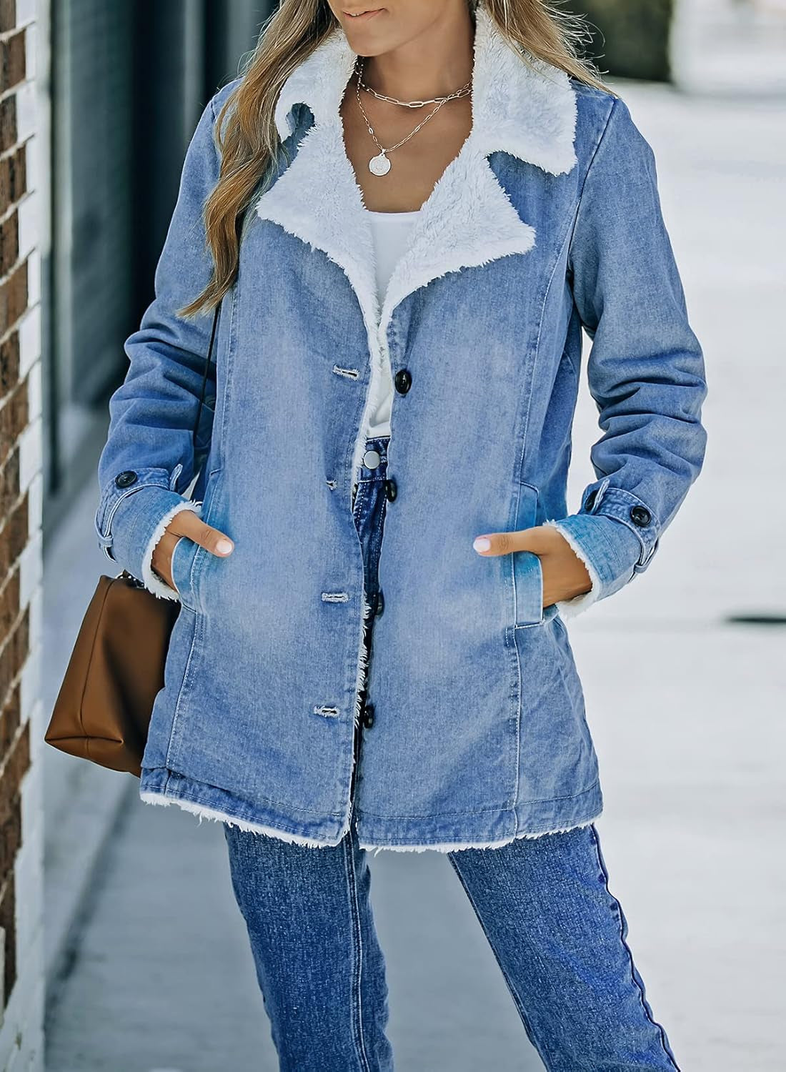 Women Denim Faux Fur Long Sleeve Lapel Collar Oversized Coat Outwear Medium Sky Blue