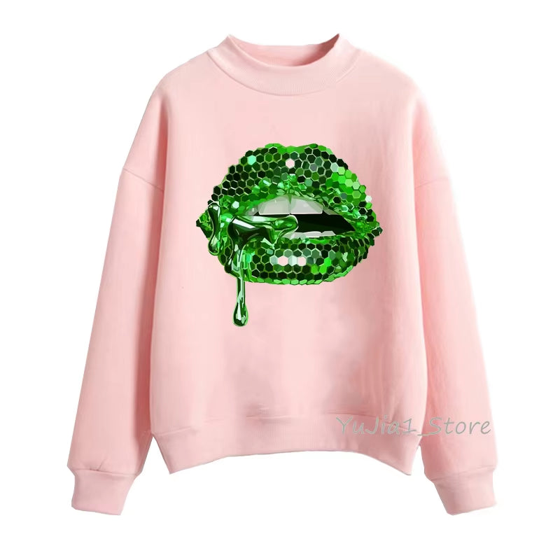 Pink Glitter Lips Graphic Print Sweatshirt Women’S Clothing Luxurious Makeup Sexy Hoodies Femme Aesthetic Clothes Winter Tracksu