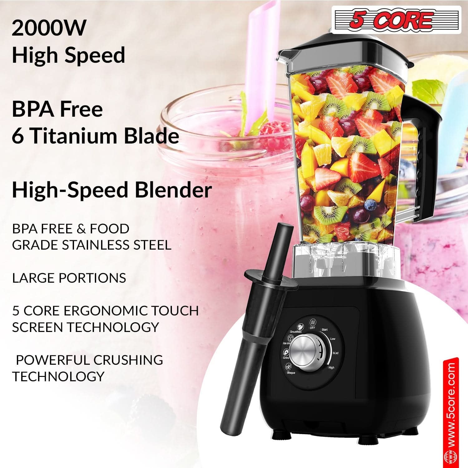 5Core Juicer Blender Machines 2000W Countertop Kitchen Smoothie Maker W 68Oz Jar