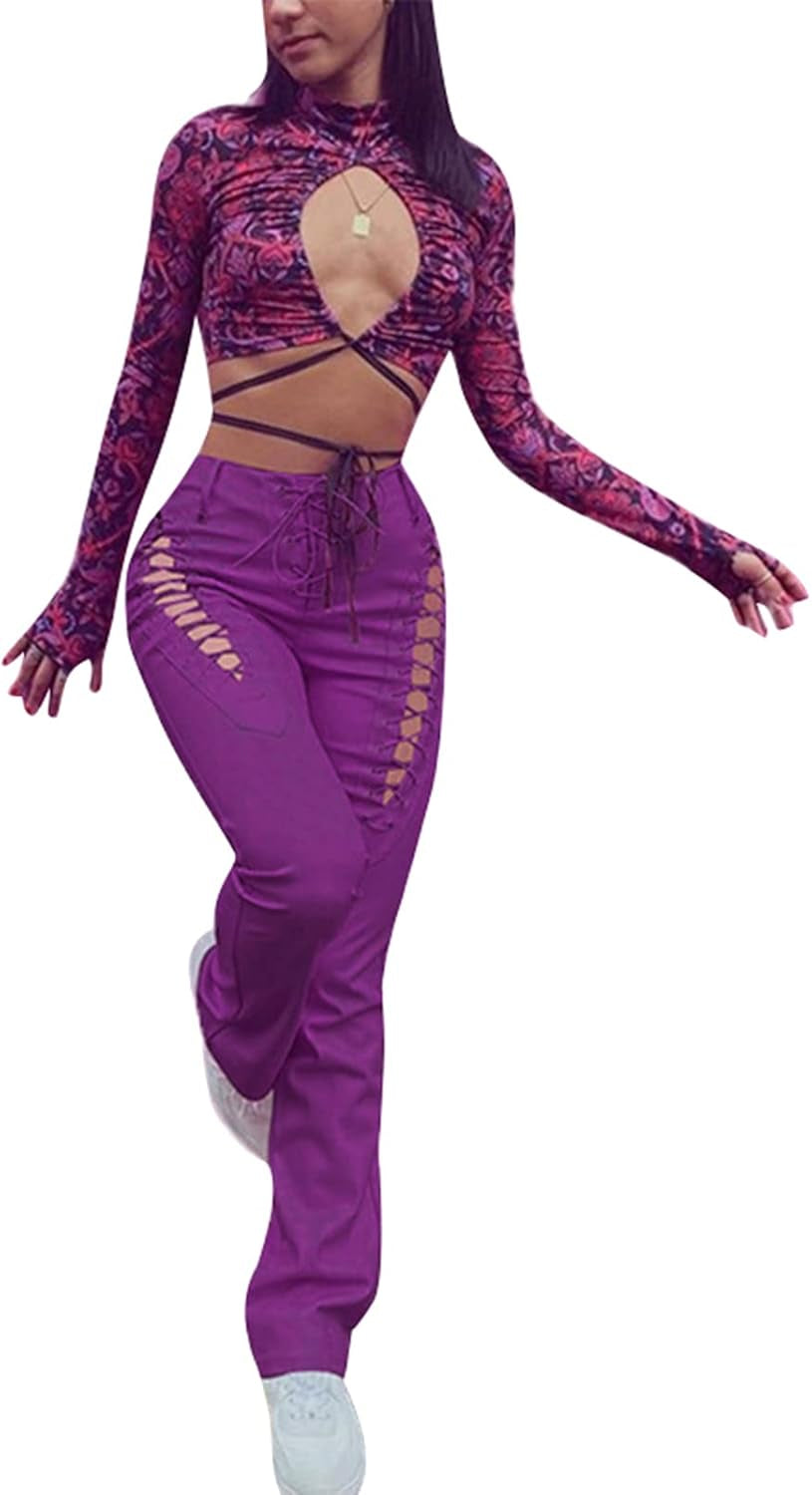 Women'S Sexy Cut Out Lace up PU Faux Leather Pants High Waist Wide Leg Leggings Hollow Out Drawstring Bandage Trousers