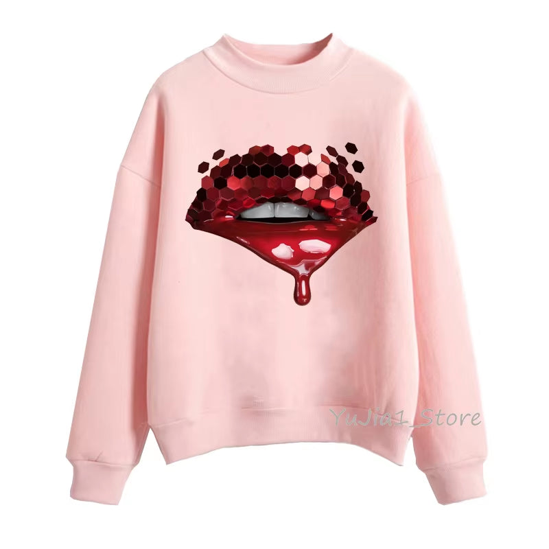 Pink Glitter Lips Graphic Print Sweatshirt Women’S Clothing Luxurious Makeup Sexy Hoodies Femme Aesthetic Clothes Winter Tracksu