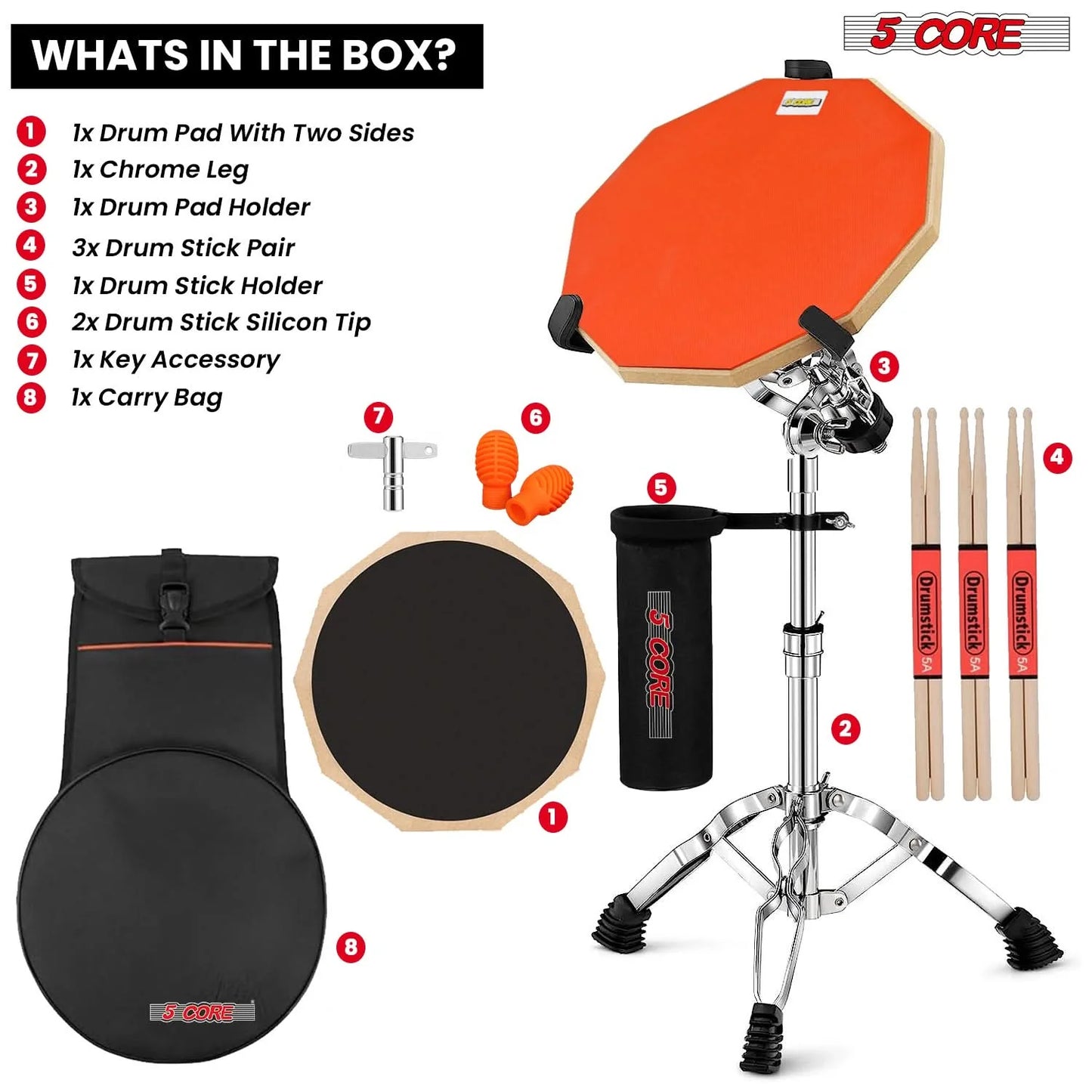 5 Core Drum Practice Pad Set 12" Adjustable Snare Drumming Stand Double Sided Silent Drummer Kit ORANGE