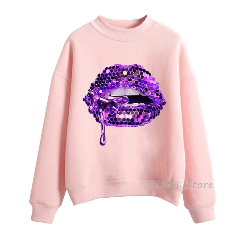 Pink Glitter Lips Graphic Print Sweatshirt Women’S Clothing Luxurious Makeup Sexy Hoodies Femme Aesthetic Clothes Winter Tracksu