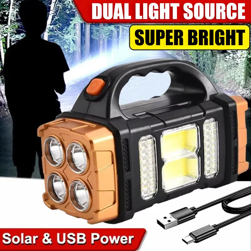 Portable Powerful USB Rechargeable Flashlight Solar LED Light with COB Work Light 4 Gear Charge Mobile Phone Camping Lamp