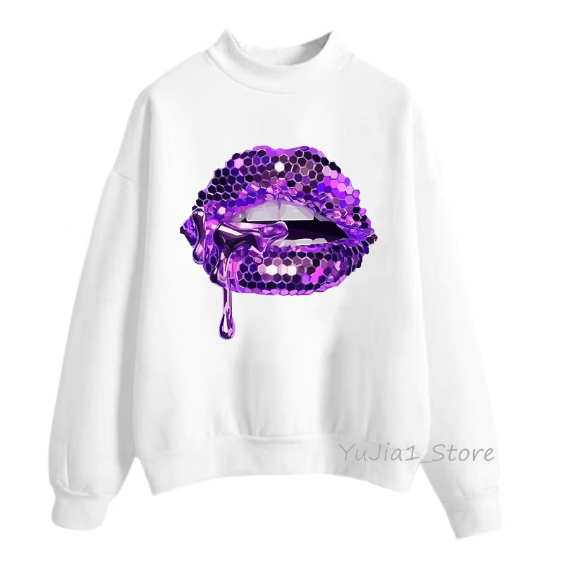 Pink Glitter Lips Graphic Print Sweatshirt Women’S Clothing Luxurious Makeup Sexy Hoodies Femme Aesthetic Clothes Winter Tracksu