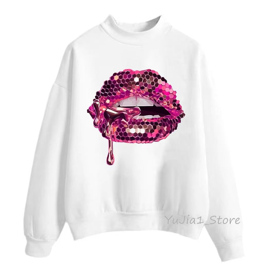 Pink Glitter Lips Graphic Print Sweatshirt Women’S Clothing Luxurious Makeup Sexy Hoodies Femme Aesthetic Clothes Winter Tracksu