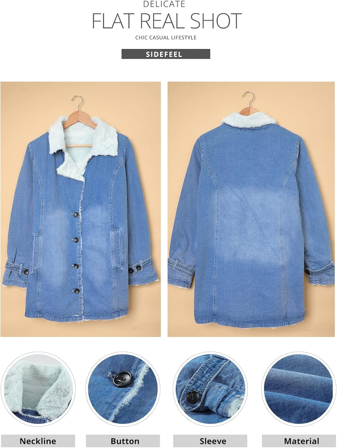 Women Denim Faux Fur Long Sleeve Lapel Collar Oversized Coat Outwear Medium Sky Blue