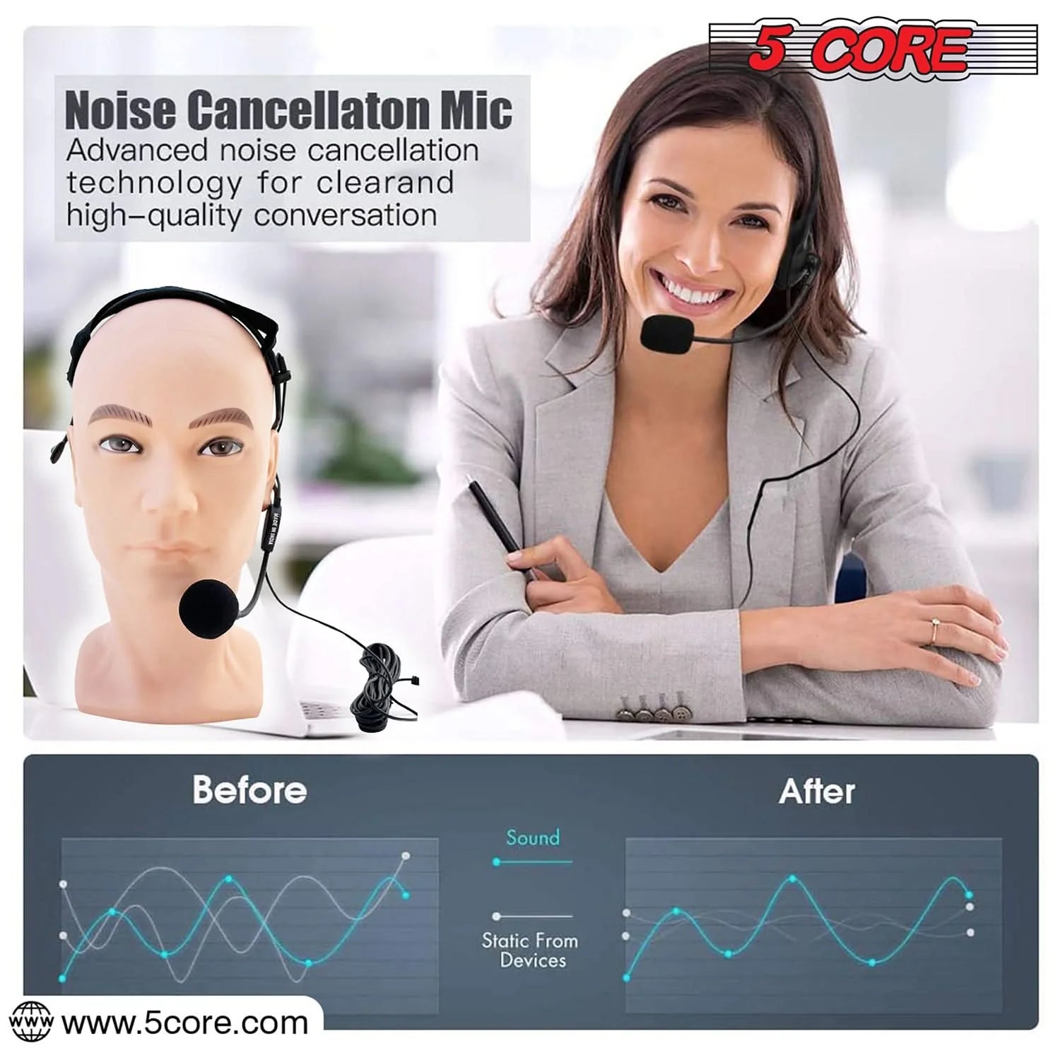 5 Core Headset Microphone Professional Flexible Boom Wired Hands Free Mic 1/4" Connector Jack