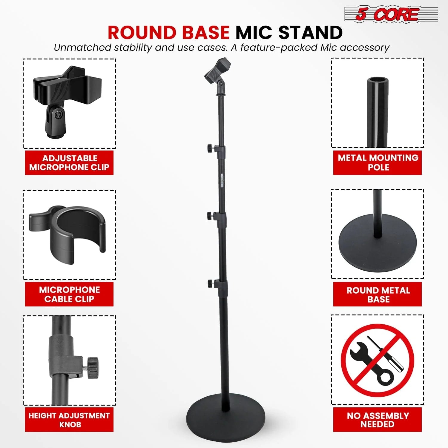 5Core Mic Stand Floor Adjustable Universal Heavy Duty Microphone Stands round Base Soporte De Micrófono