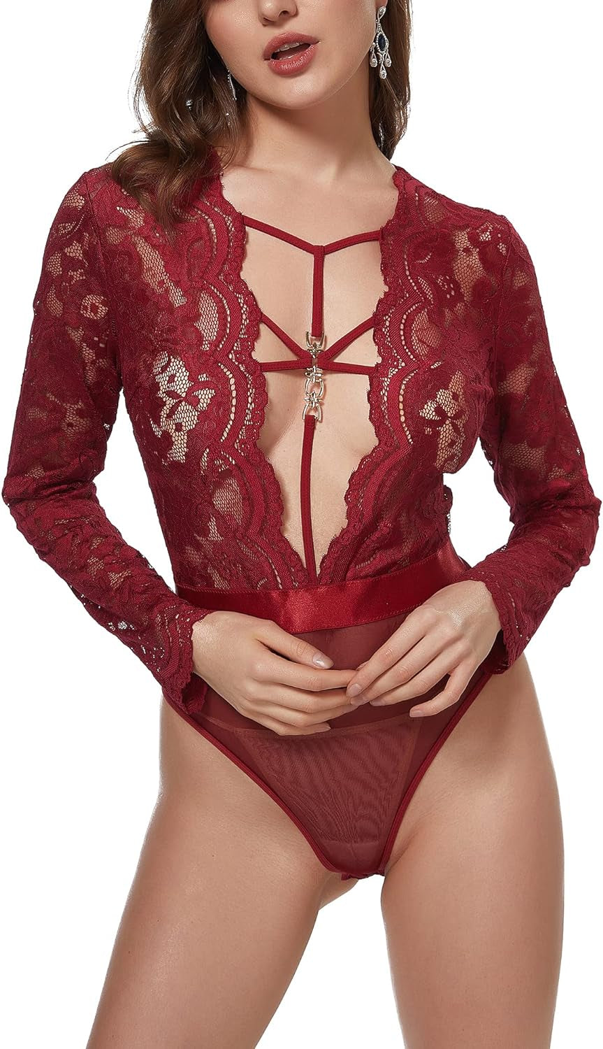 Women Lace Bodysuit Sexy Snap Crotch Long Sleeve Deep V Teddy Lingerie Tops