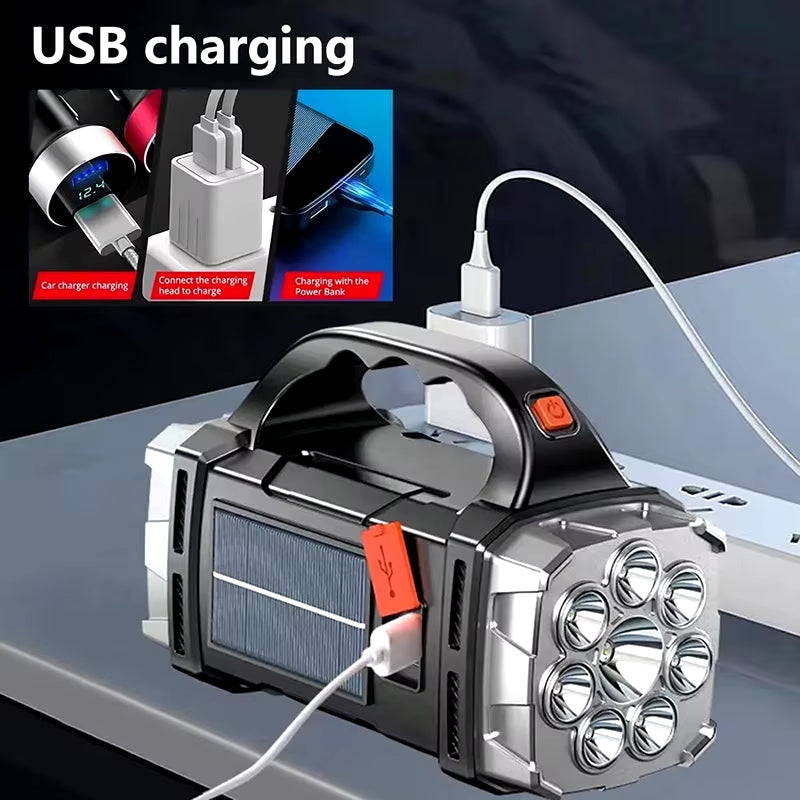 Portable Powerful USB Rechargeable Flashlight Solar LED Light with COB Work Light 4 Gear Charge Mobile Phone Camping Lamp