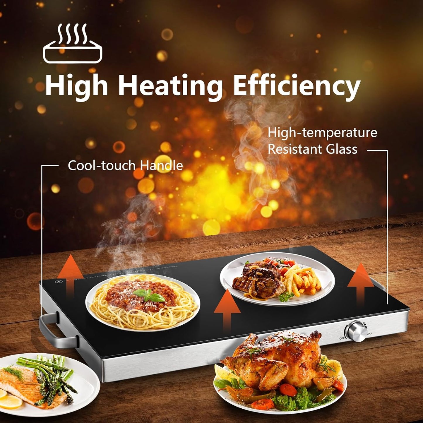 Electric Food Warmer 2 Packs, 22''X15'' Food Warmers for Parties, Adjustable Temperature Control, Tempered Glass Surface, Hot Plate for Buffet, Electric Warming Tray for Restaurants, Events